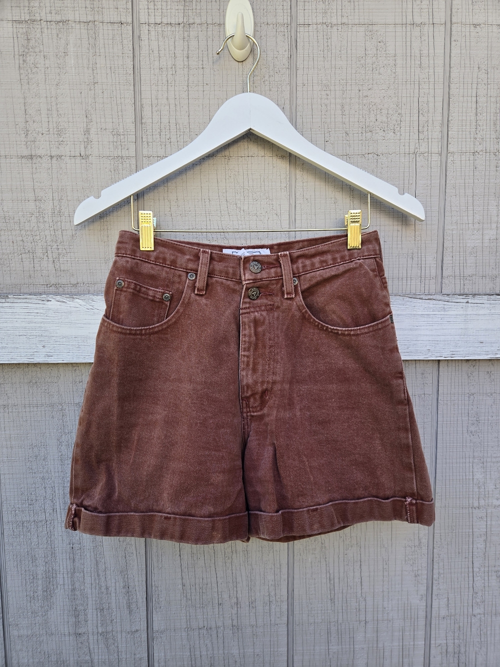 Arizona Jeans Co High Waisted Rust Terracotta Brown Denim Jean Mom Shorts - Picture 1 of 14